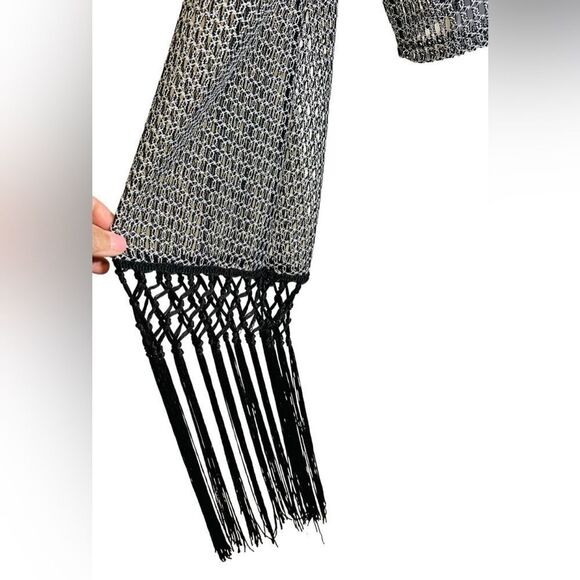 ALEXANDRA KATSAITI Women Open Weave Coverup With Fringe Silver Black Size Small - Picture 2 of 11